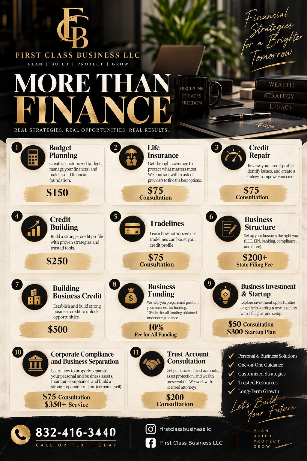 First Class Business LLC marketing flyer showcasing financial services including budgeting, insurance, credit repair, and business consulting with pricing and contact information.